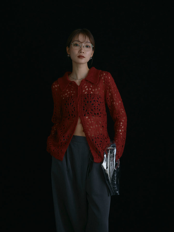 【Allure】[SET]ローゲージ透かし編みポロニッカーディガン+ラップデザインタックワイドパンツ(2set)