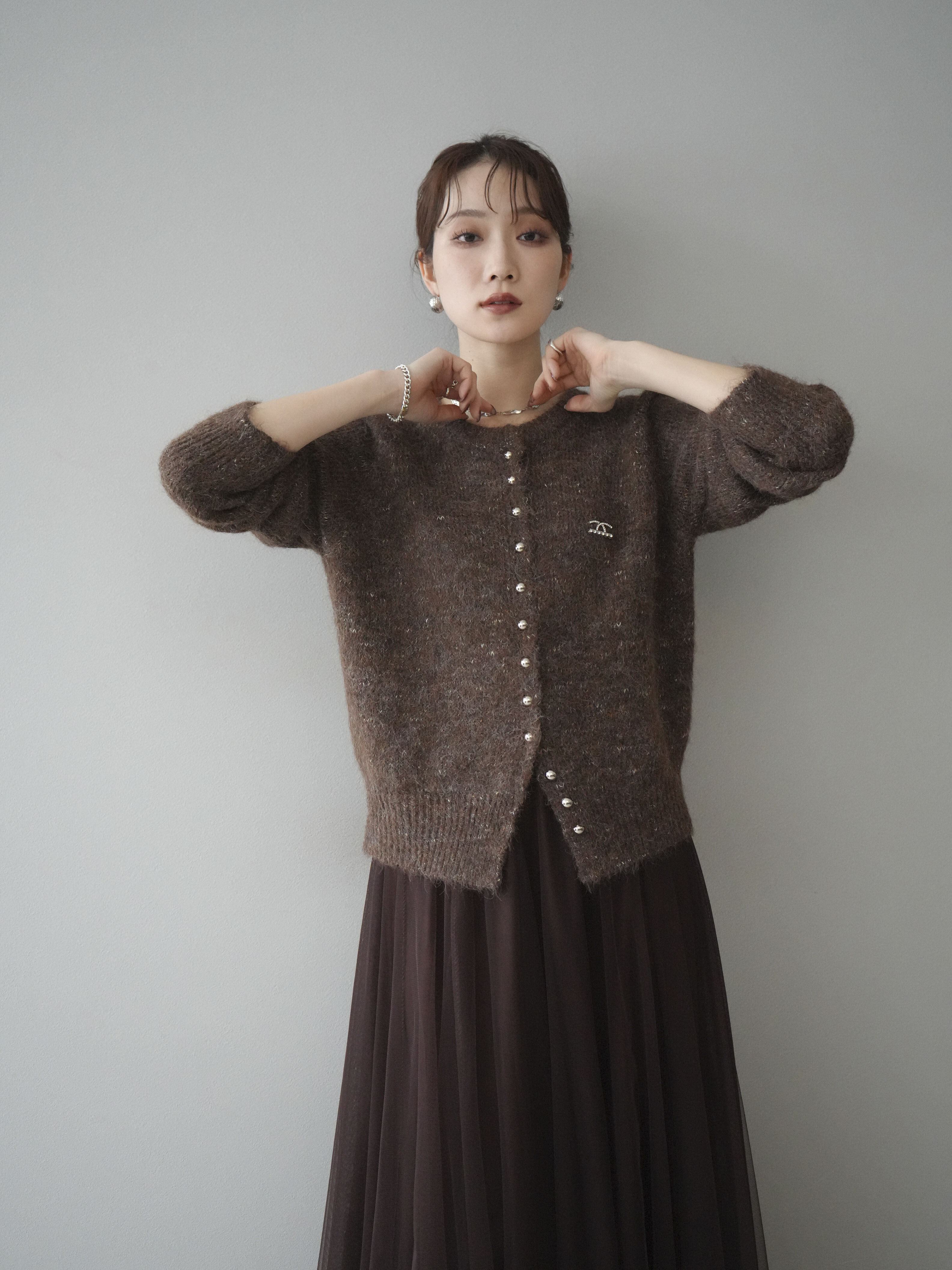 SET]ブローチ付silverボタンミックスニットカーディガン+チュール