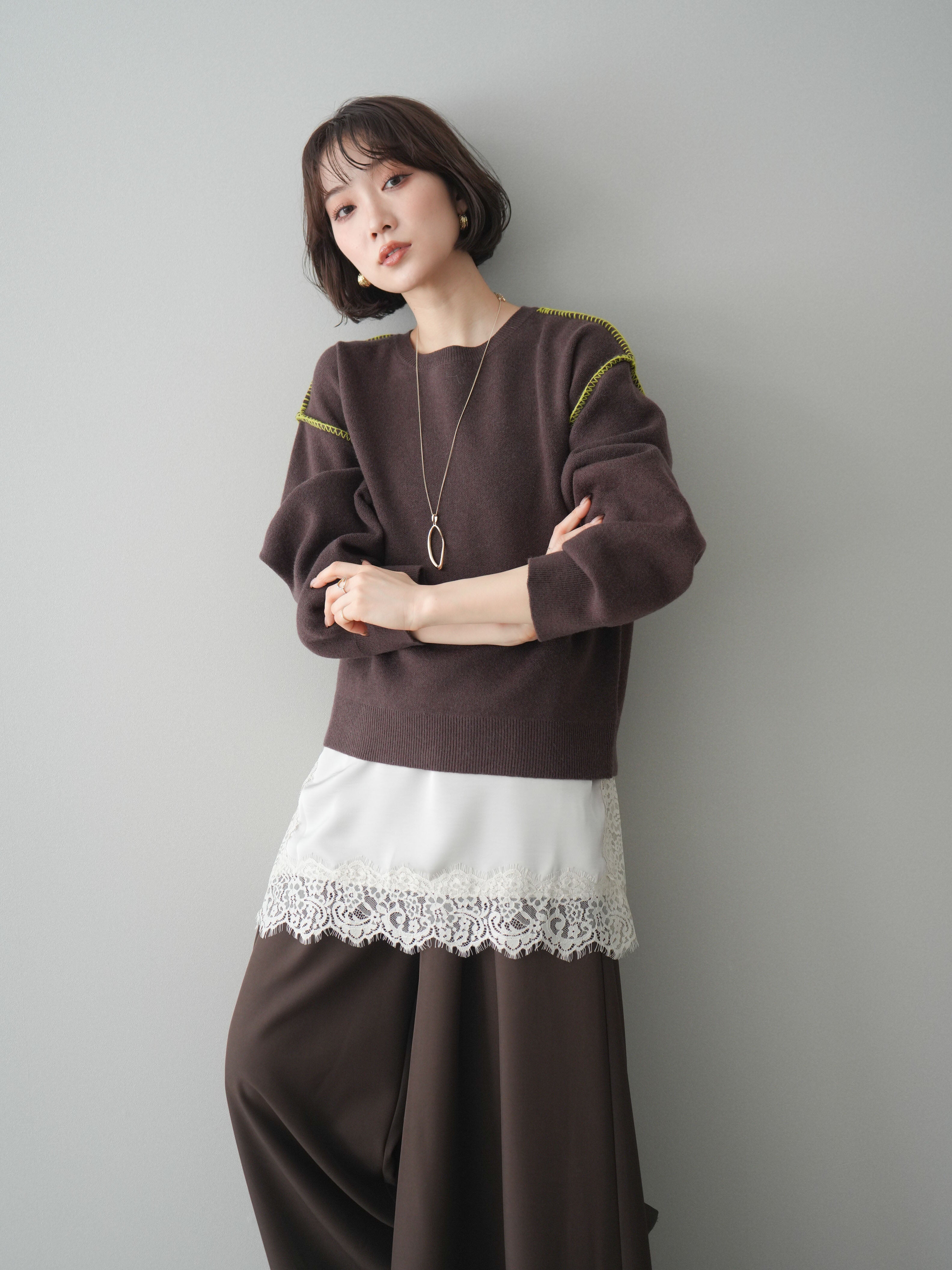 予約]バックロゴ刺繍配色ステッチニットプルオーバー/brown – Lumier