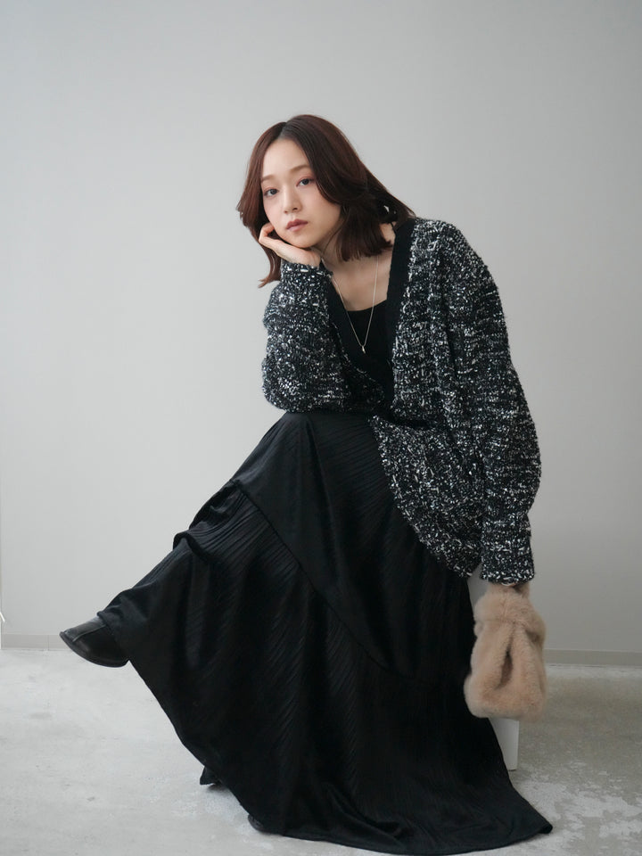 [SET]モールネップニットカーディガン+ベロアティアードワッシャースカート(2set)