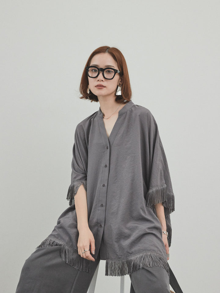 [予約]スクエアフリンジポンチョブラウス/チャコール