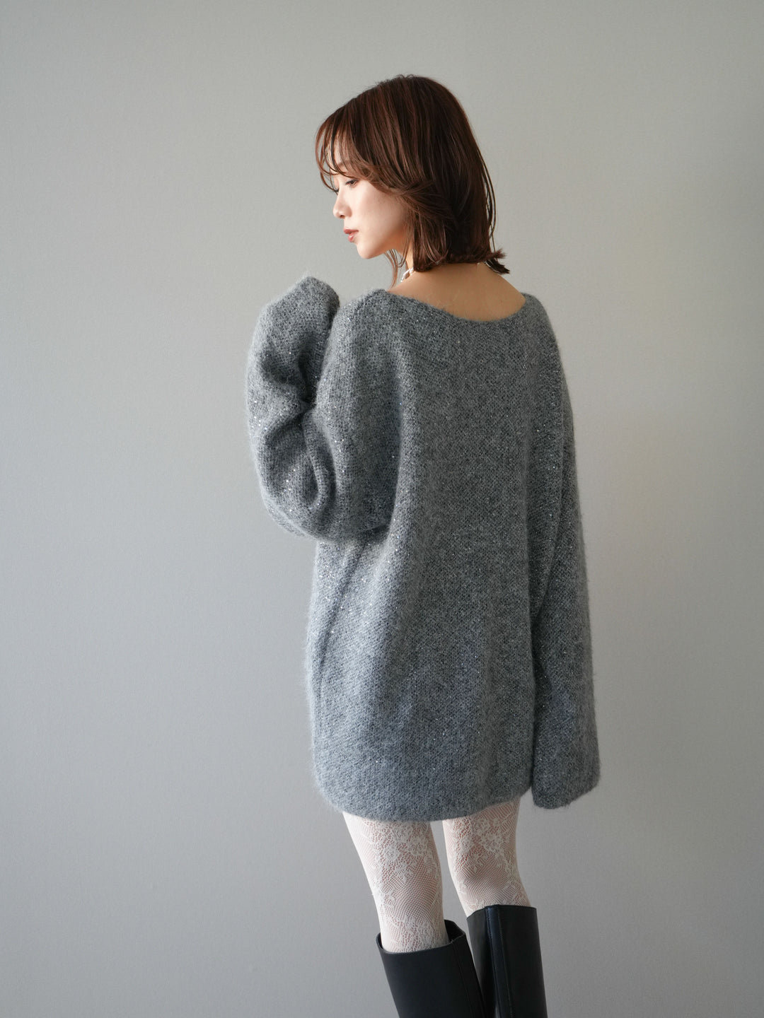 [予約]スパンコールミニシャギーニットチュニック/gray