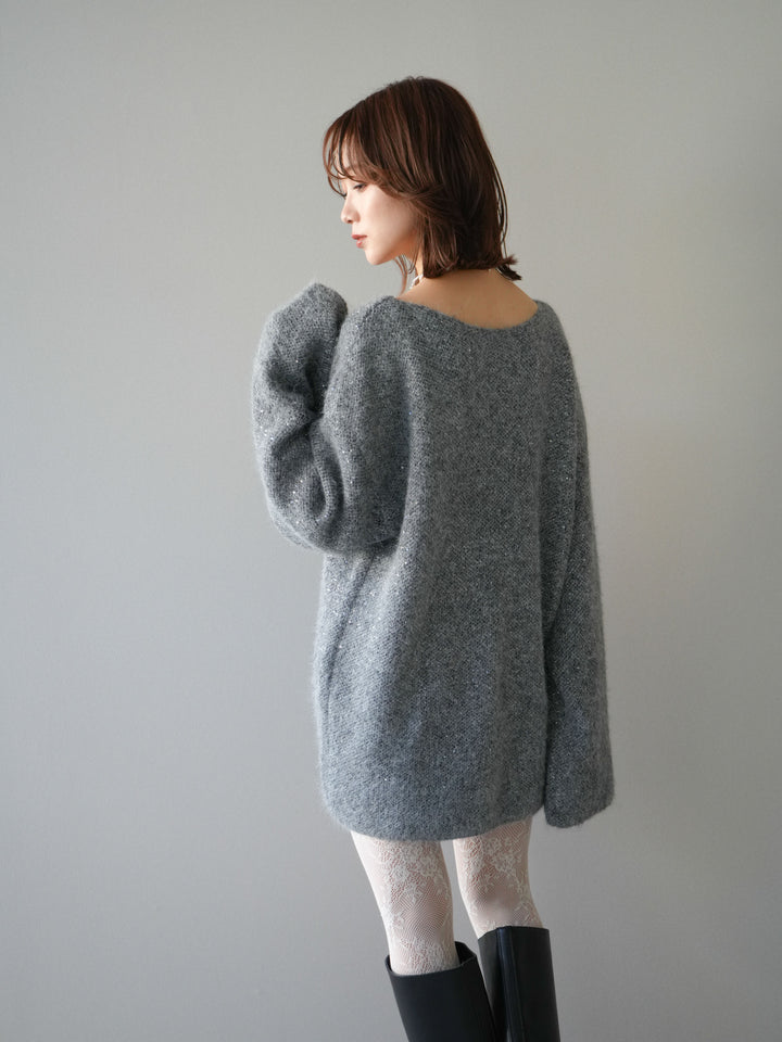 [予約]スパンコールミニシャギーニットチュニック/gray