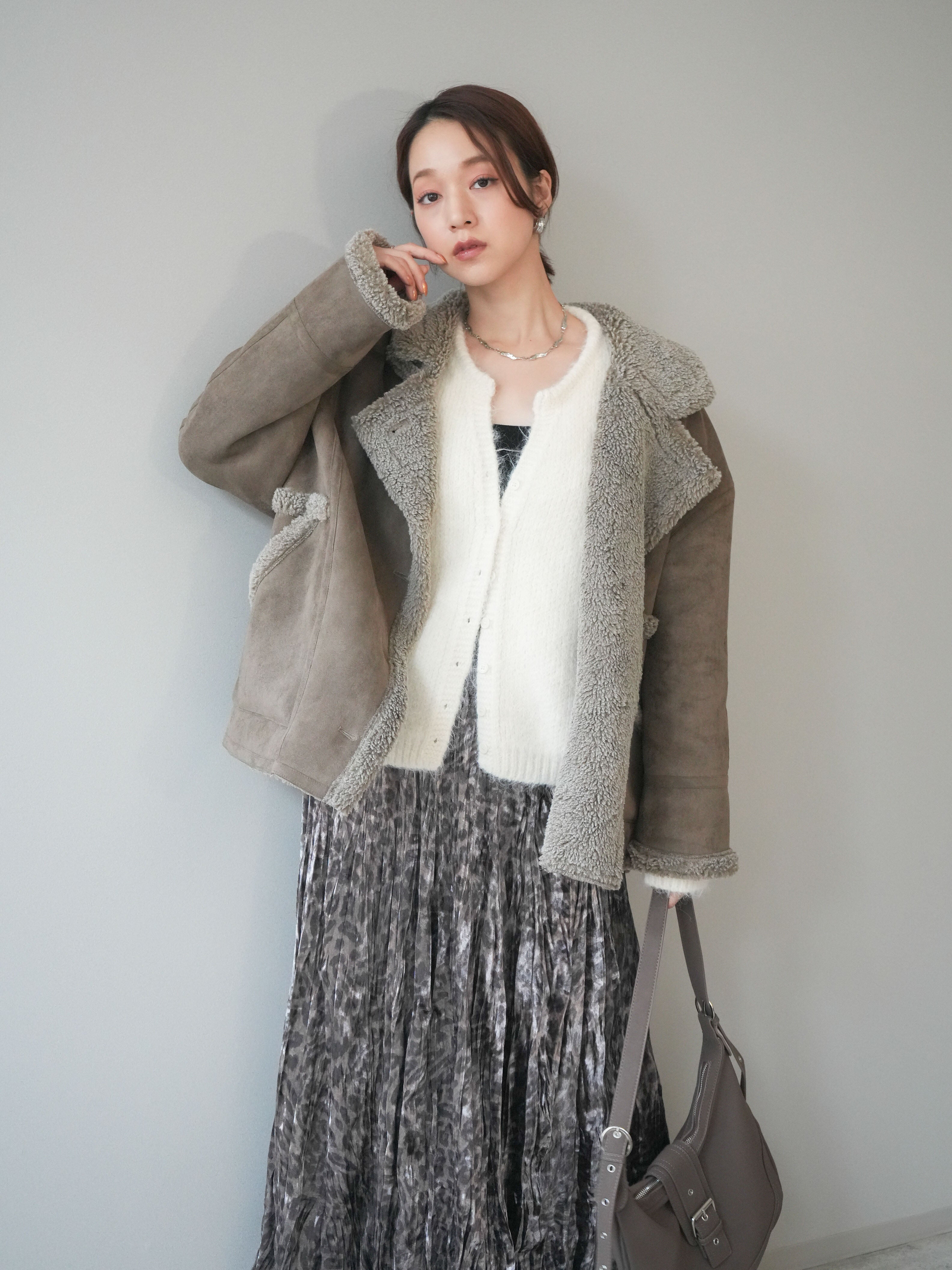 SET]ムートンボアジャケット+レオパードベロアワッシャーロング