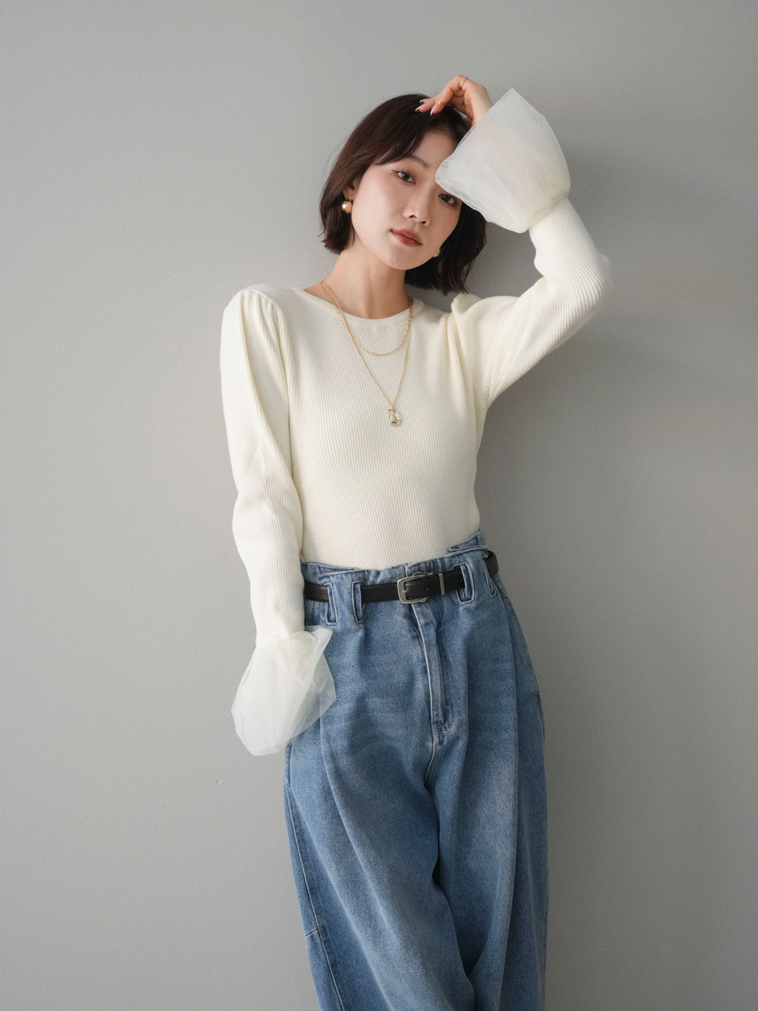 [SET]袖チュールパワショルリブニットトップス+袖チュールパワショルリブニットトップス(2set)