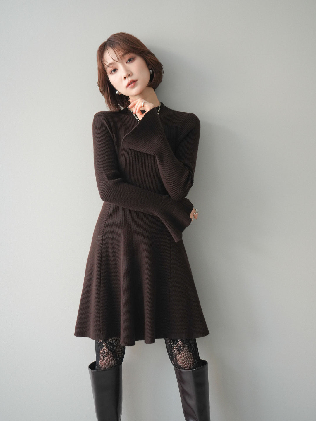 [予約]フレアリブニットミニワンピース/brown