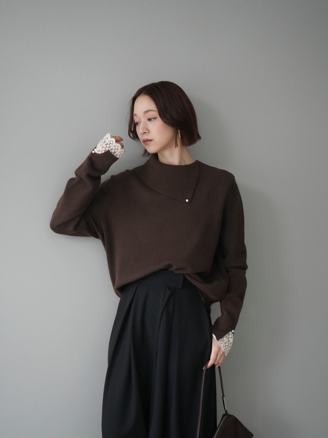 [SET]袖レースパール付き配色ニットトップス+テープベルトタックバギーパンツ(2set)