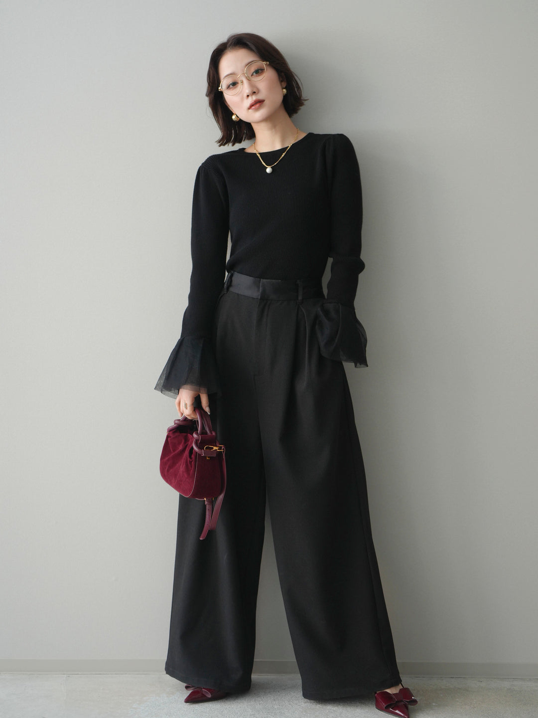 [予約]サテンベルトタックワイドパンツ/black