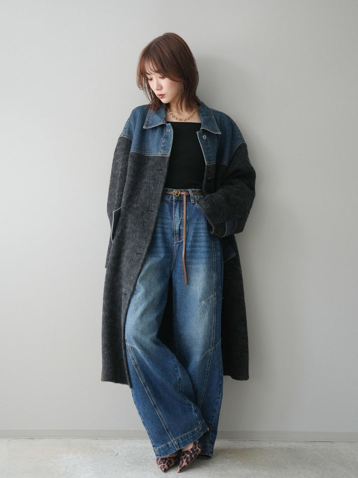 [予約]デニム切替シャギーステンカラーコート/charcoal