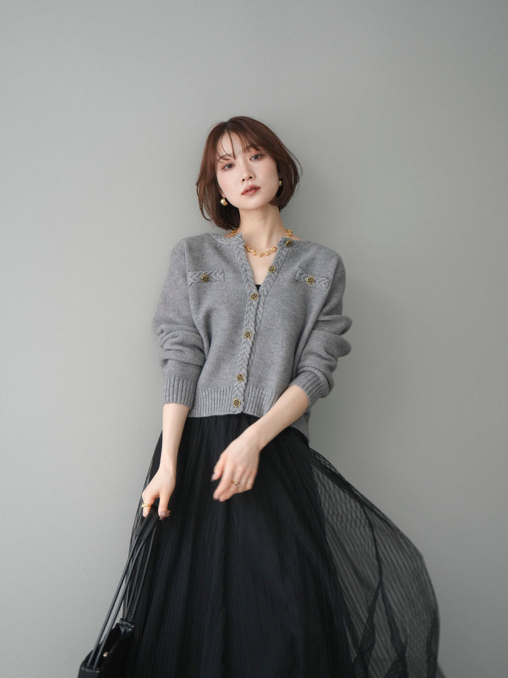 [SET]編みこみアンティークボタンニットカーディガン+チュールストライプボリュームスカート(2set)