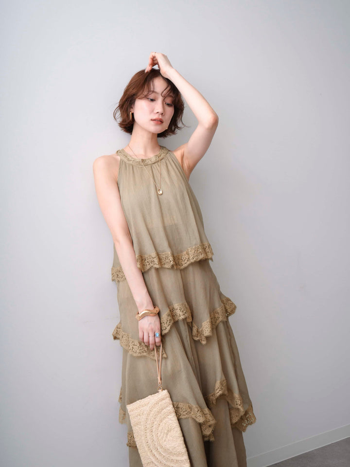 [予約]レースヘムティアードノースリドレス/khaki