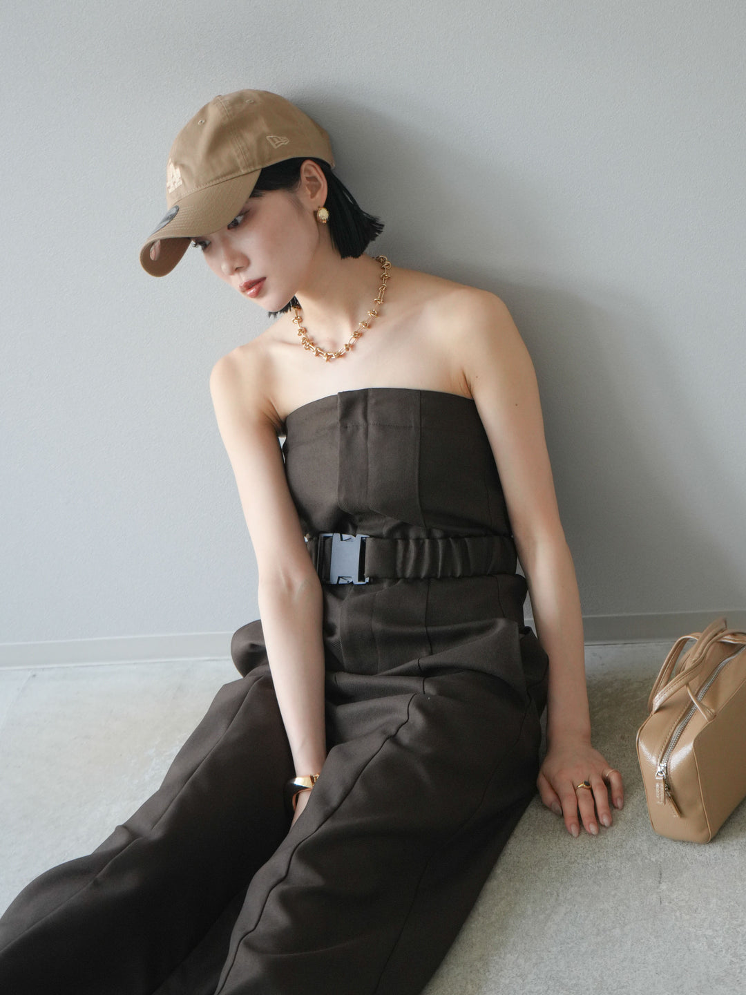 【預購】混色斜紋腰帶熊圖案工裝褲/棕色