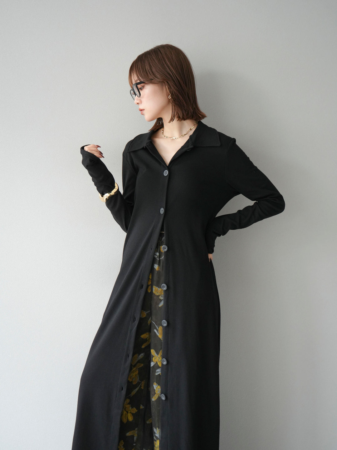 [SET]襟付きカットリブボタンワンピース+フラワープリントチュールレイヤードパンツ(2set)