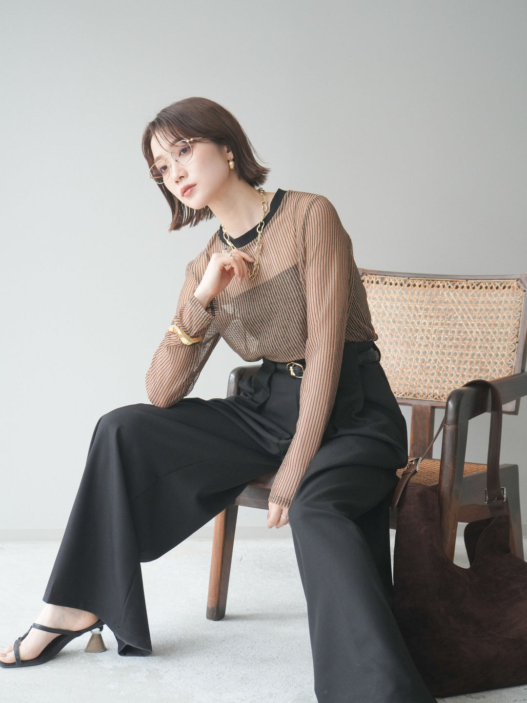 [SET]シアーストライプメッシュトップス+ドレープタックベルトループパンツ(2set)