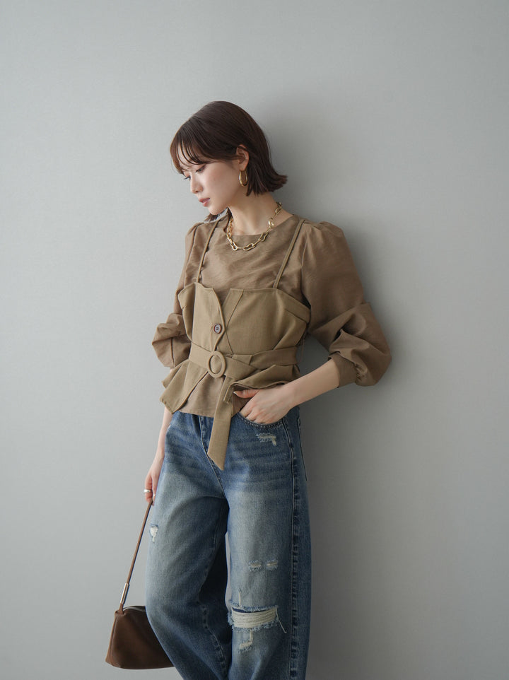 [SET]異素材ビスチェドッキングブラウス+異素材ビスチェドッキングブラウス(2set)