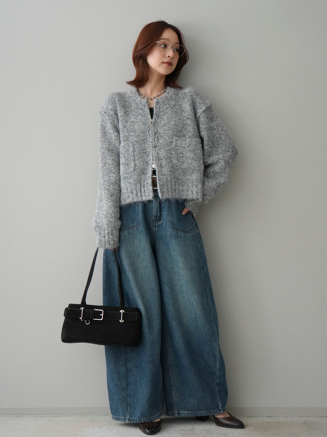 [SET]ミックスヤーンダブルZIPニットカーディガン+ベルト付裏起毛カーブデニムパンツ(2set)