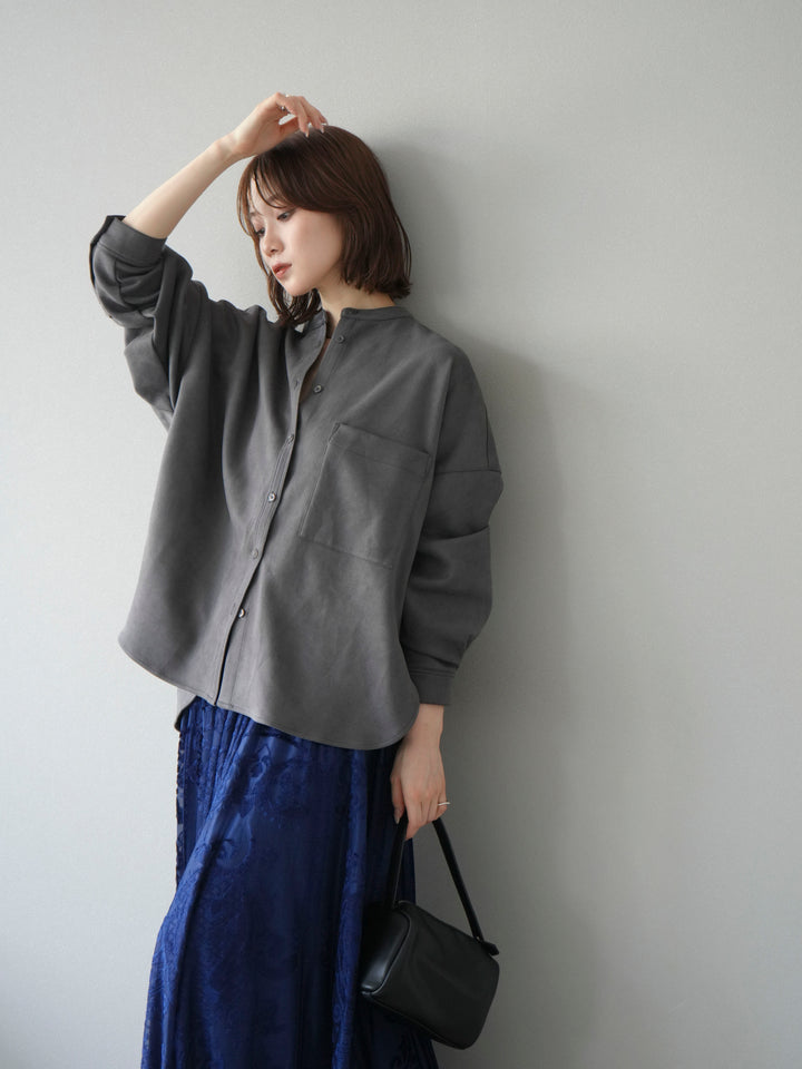 [SET]スエードバンドカラーオーバーシャツ+アンティーク柄フロッキーマキシスカート(2set)