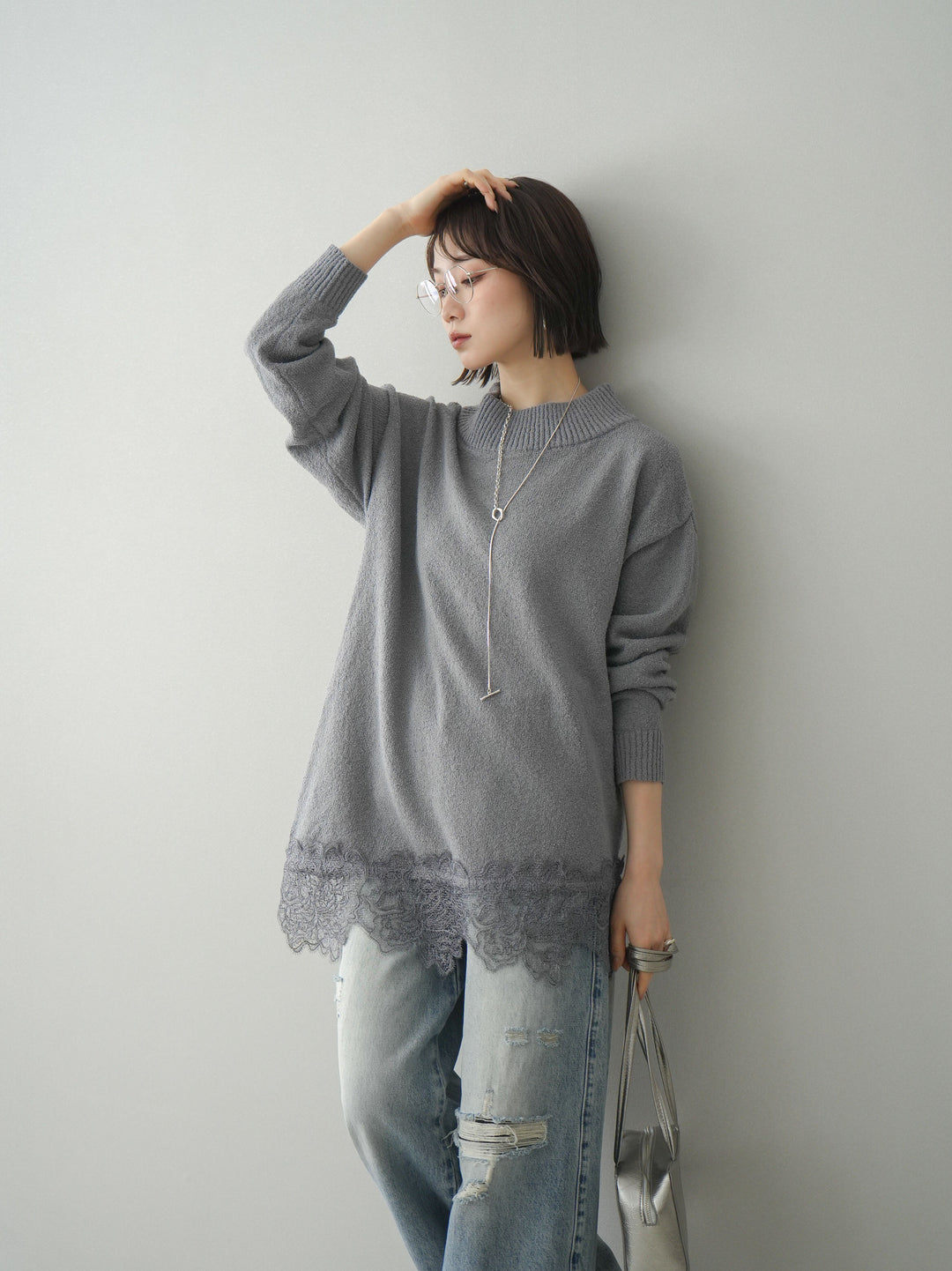 [SET]アシンメトリーレースヘムニットプルオーバー+アシンメトリーレースヘムニットプルオーバー(2set)