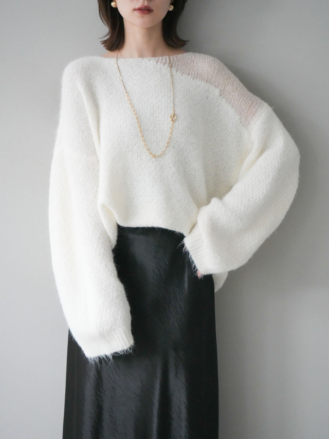 [予約]ネック透かし編みニットプルオーバー/ホワイト