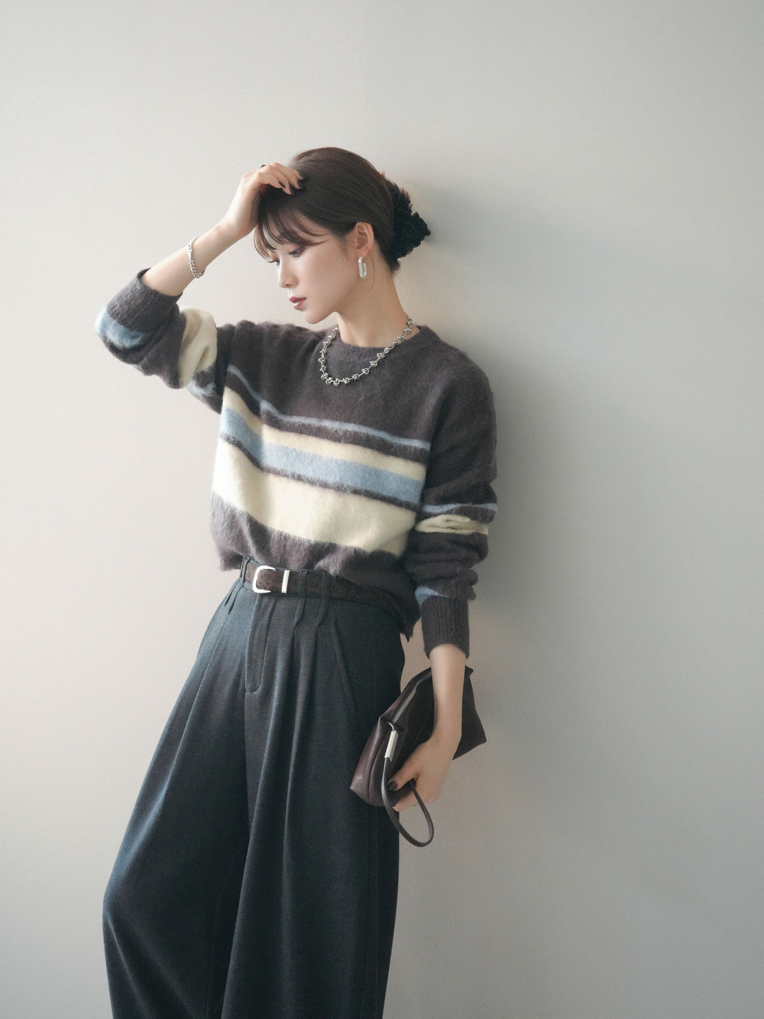 [予約]ソフトタッチボーダークロップドニットプルオーバー/brown