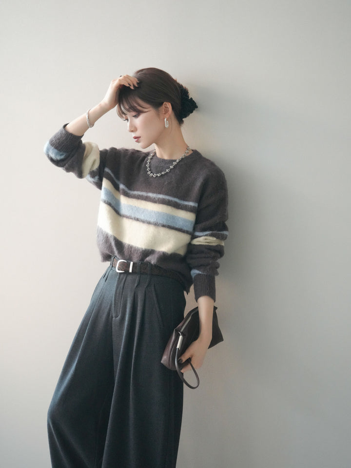 [予約]ソフトタッチボーダークロップドニットプルオーバー/brown