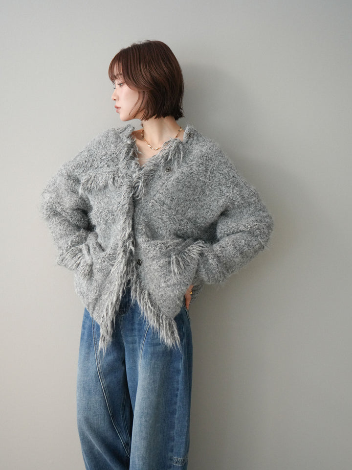 [SET]ミックスヤーンフリンジデザインニットジャケット+裏起毛加工デニムカーブパンツ(2set)