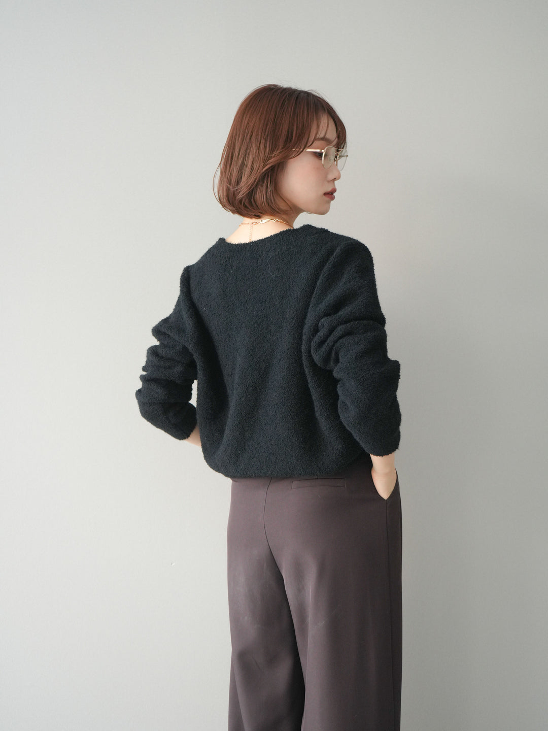 [SET]ゴールドボタンモールニットカーディガン+ベルトループデザインワイドパンツ(2set)