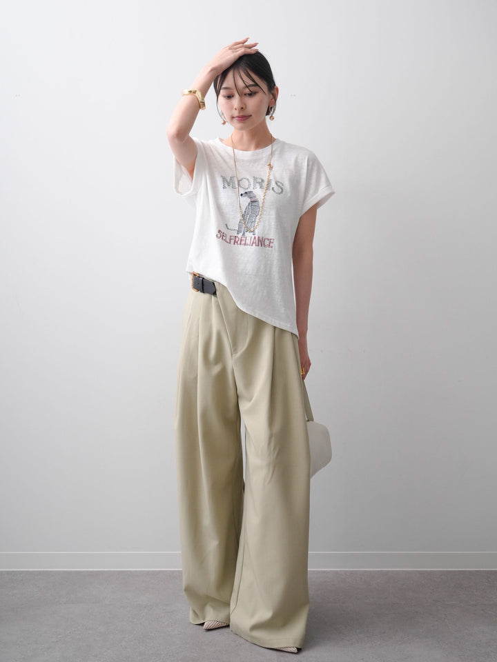 [SET]ドッグエンブロイダリーTEE+アシンメトリーベルトタックワイドパンツ(2set)