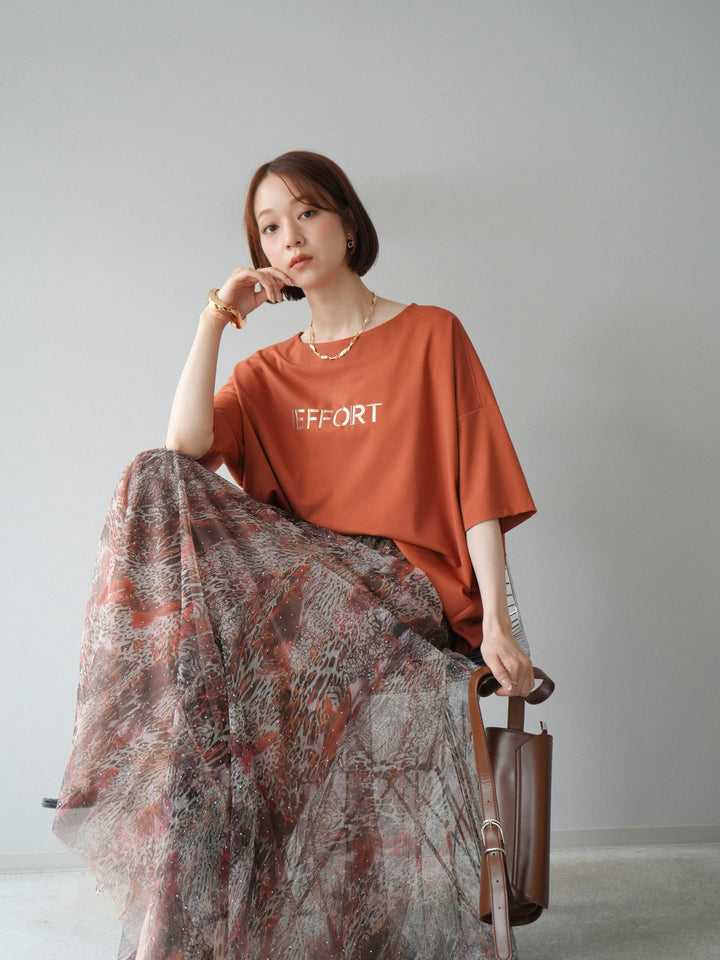 [予約]異素材メタリックロゴ刺繍×プリントTシャツ/オレンジ