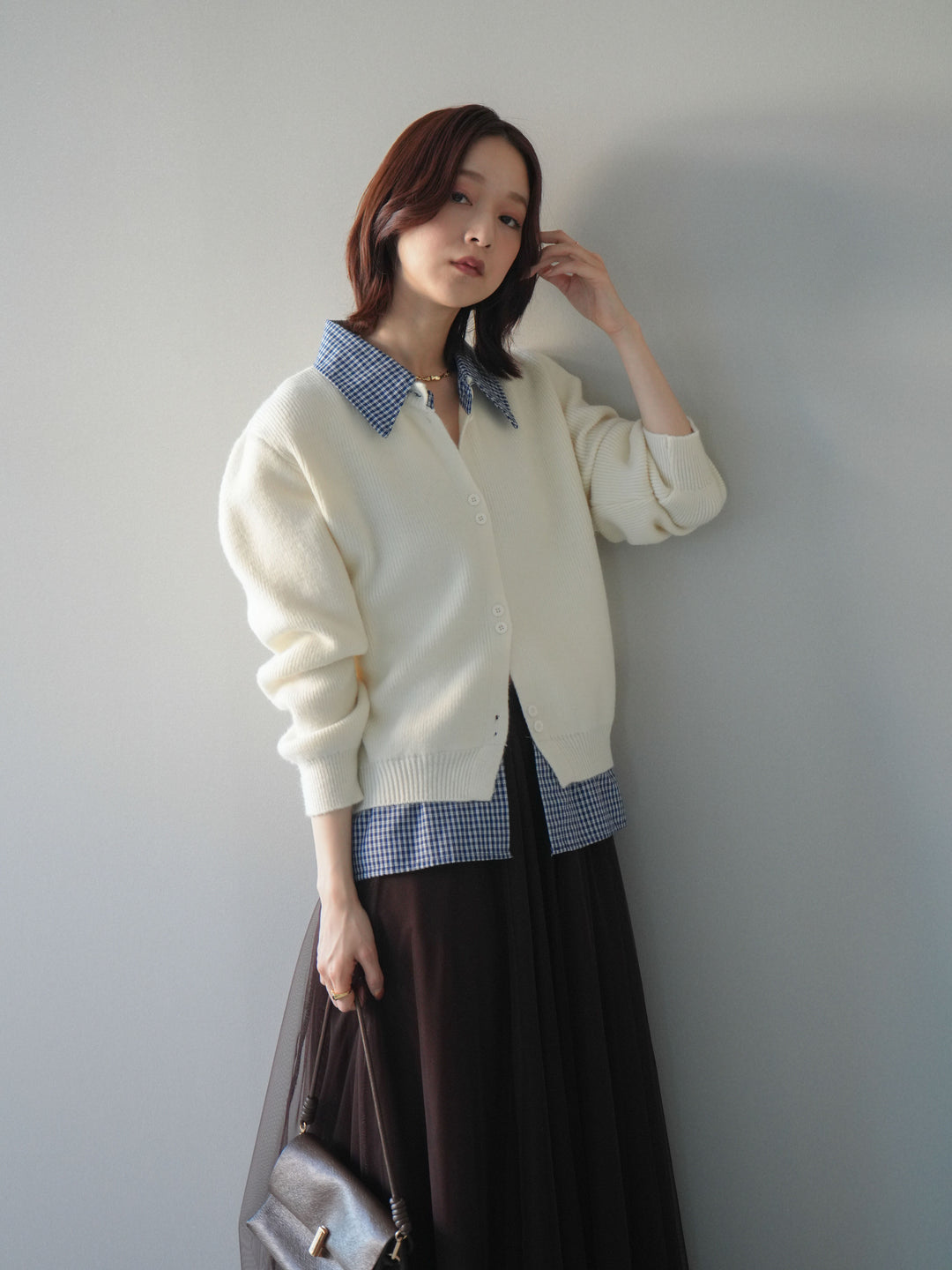 [SET]チェックシャツ襟ニットカーディガン+チュールボリュームスカート(2set)
