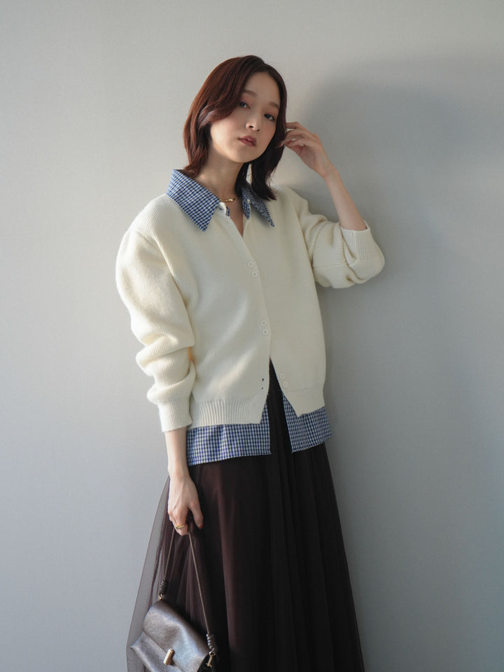 [SET]チェックシャツ襟ニットカーディガン+チュールボリュームスカート(2set)