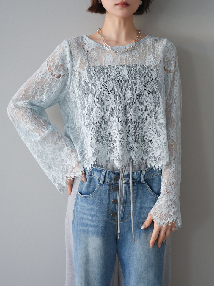 [SET]2WAYスリーブレーストップス+デニム切替スウェットパンツ(2set)