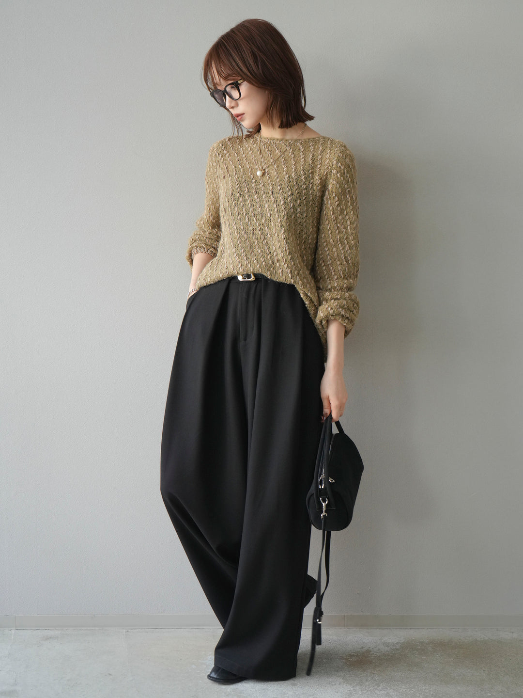 【着回しセット】[SET]求心柄クロップドニットカーディガン+異素材ミックスヤーンニットプルオーバー+ベルトループデザインワイドパンツ(3set)