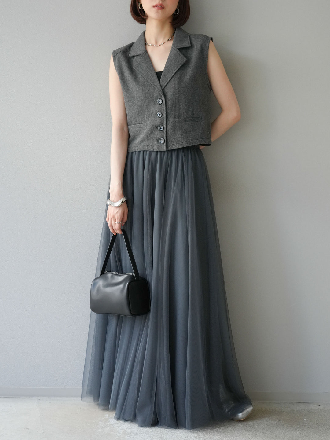 [予約]ツイードタッチテーラードジレ/ダークグレー