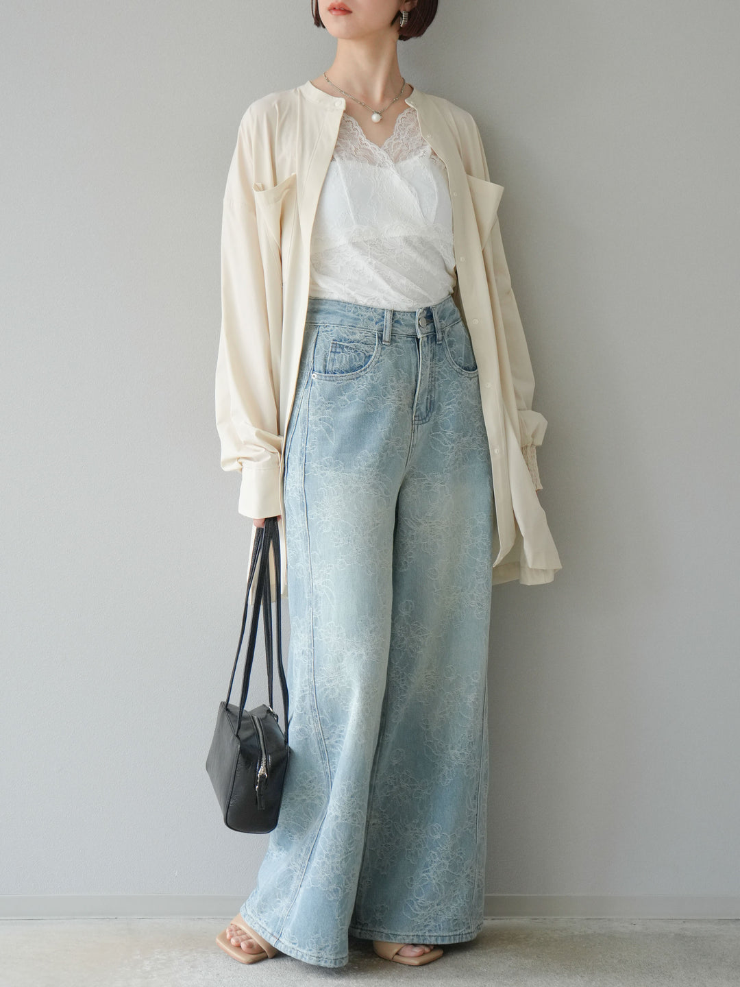 【預購】花提花牛仔寬褲/藍