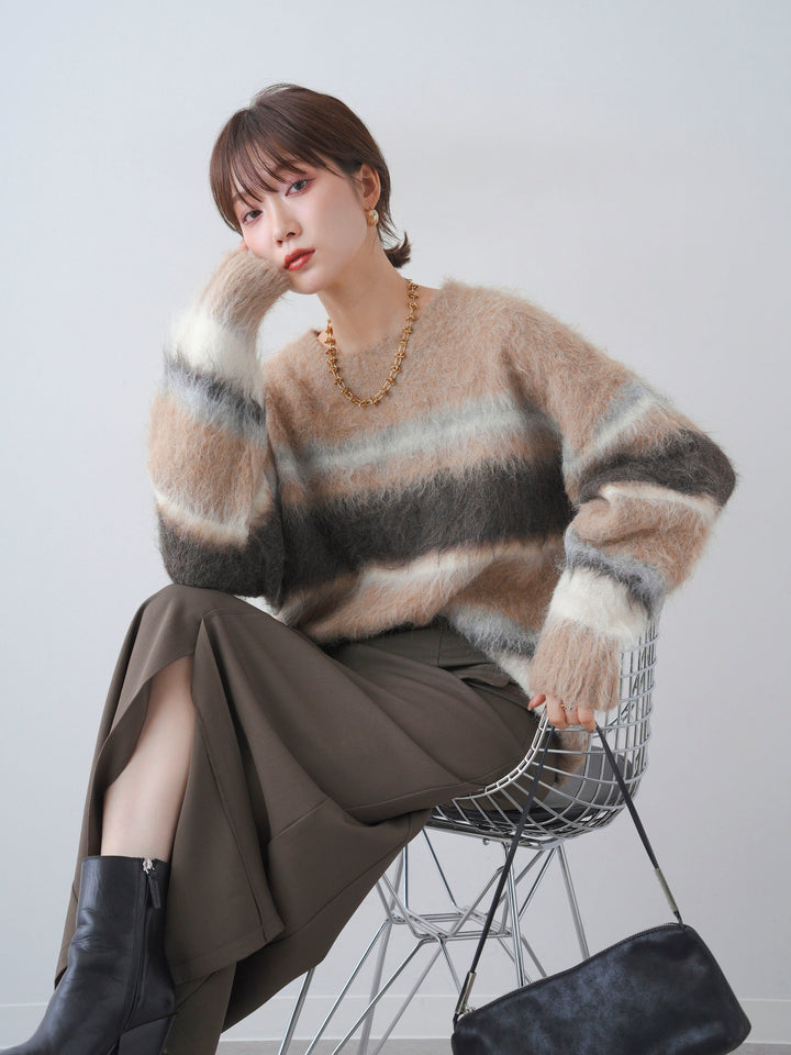 [予約]カラフルボーダーシャギーニットプルオーバー/beige