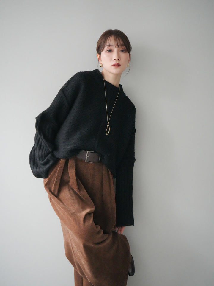 [予約]編み地切替ボトルネックニットプルオーバー/black