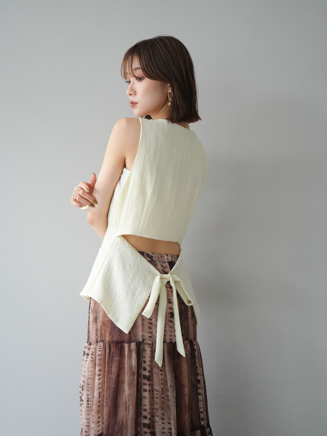 [SET]リネンタッチバックオープンベスト＆ニュアンス柄マキシスカートSET UP(2set)