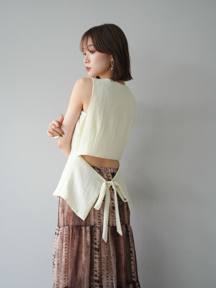 [SET]リネンタッチバックオープンベスト＆ニュアンス柄マキシスカートSET UP(2set)