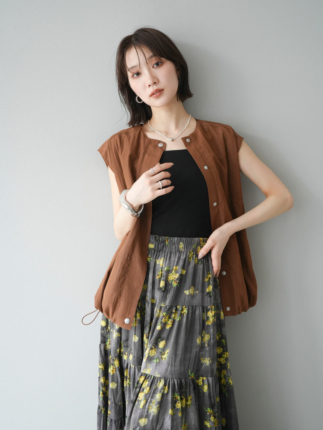 [SET]リネンライクドロストバルーンブルゾン+フラワーワッシャープリーツスカート(2set)