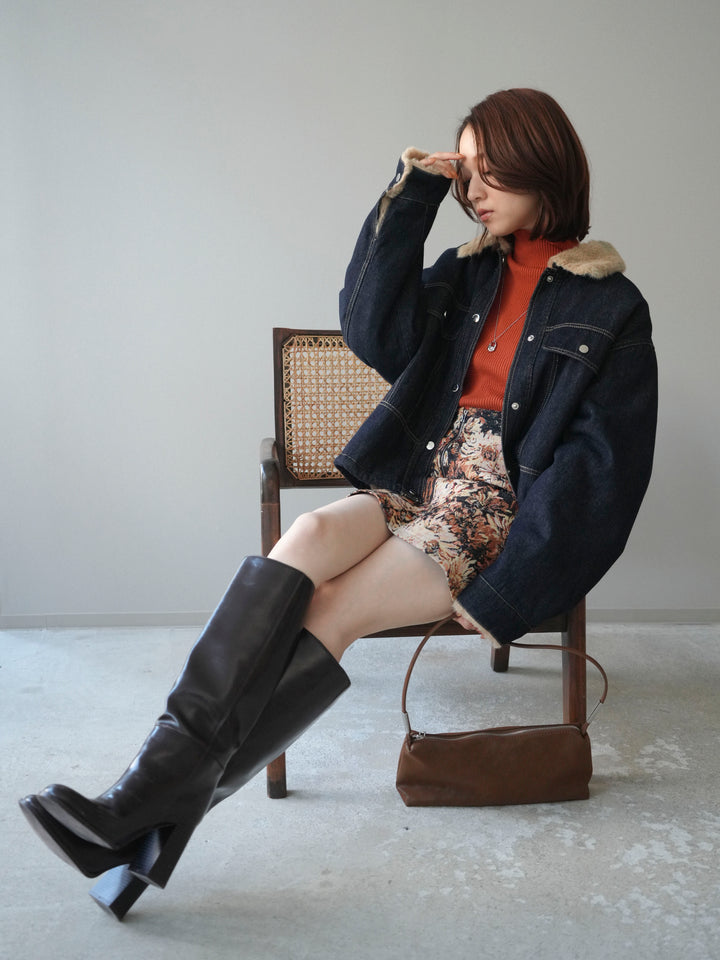 [予約]デニム×ファーステンカラーショートジャケット/indigo