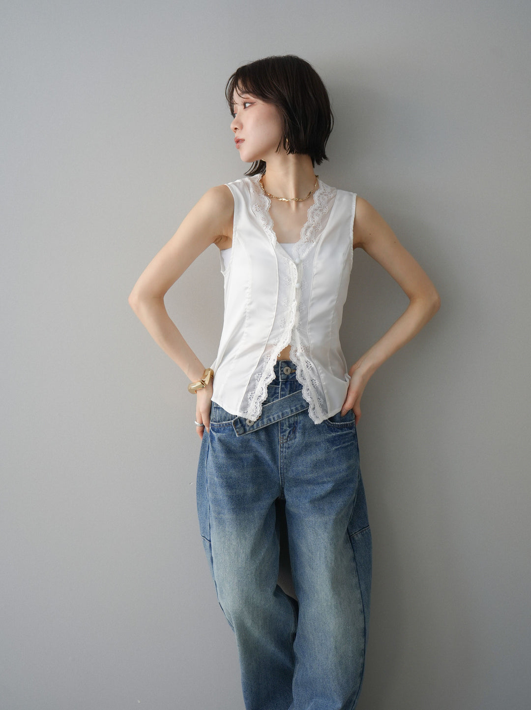 [予約]ノースリサテンレースキャミソール/white