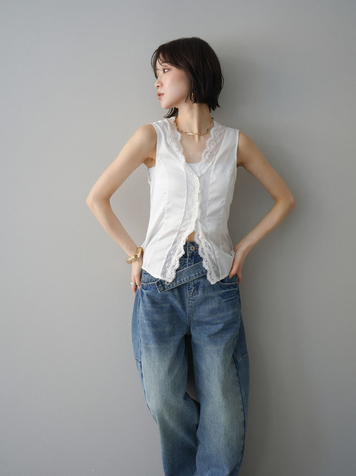 [予約]ノースリサテンレースキャミソール/white