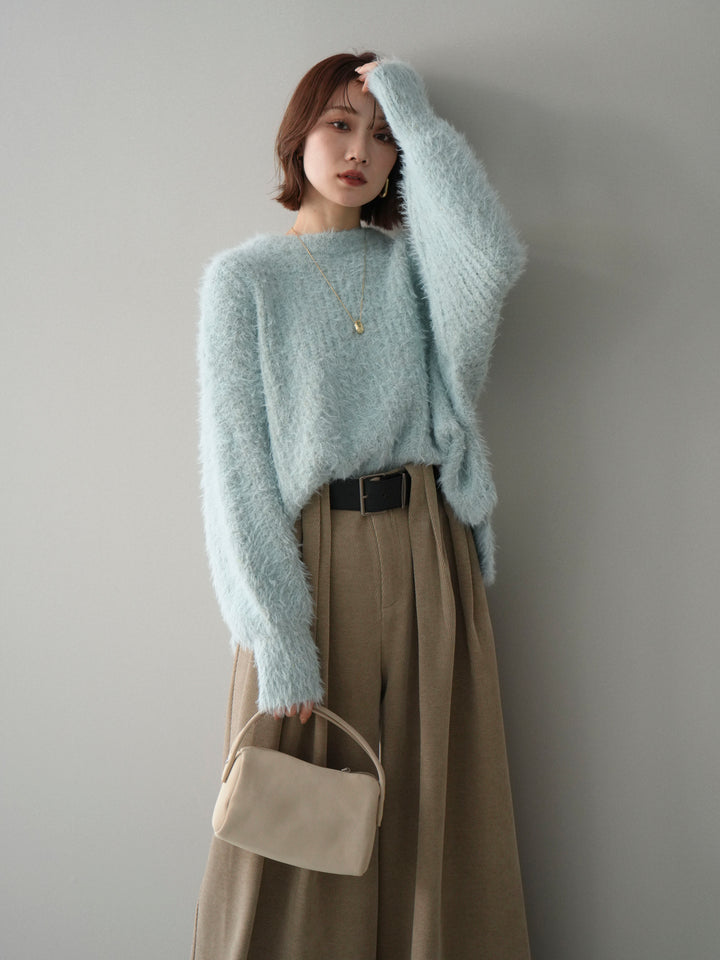 [SET]ボリュームスリーブシャギー MIXニットプルオーバー+ベルトデザインループコールテンワイドパンツ(ベルト付き)(2set)