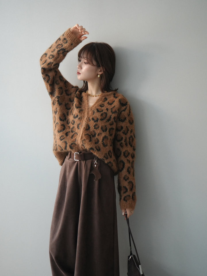 [SET]モヘアタッチレオパード柄ニットカーディガン+モチーフベルト付スエードタックワイドパンツ(2set)