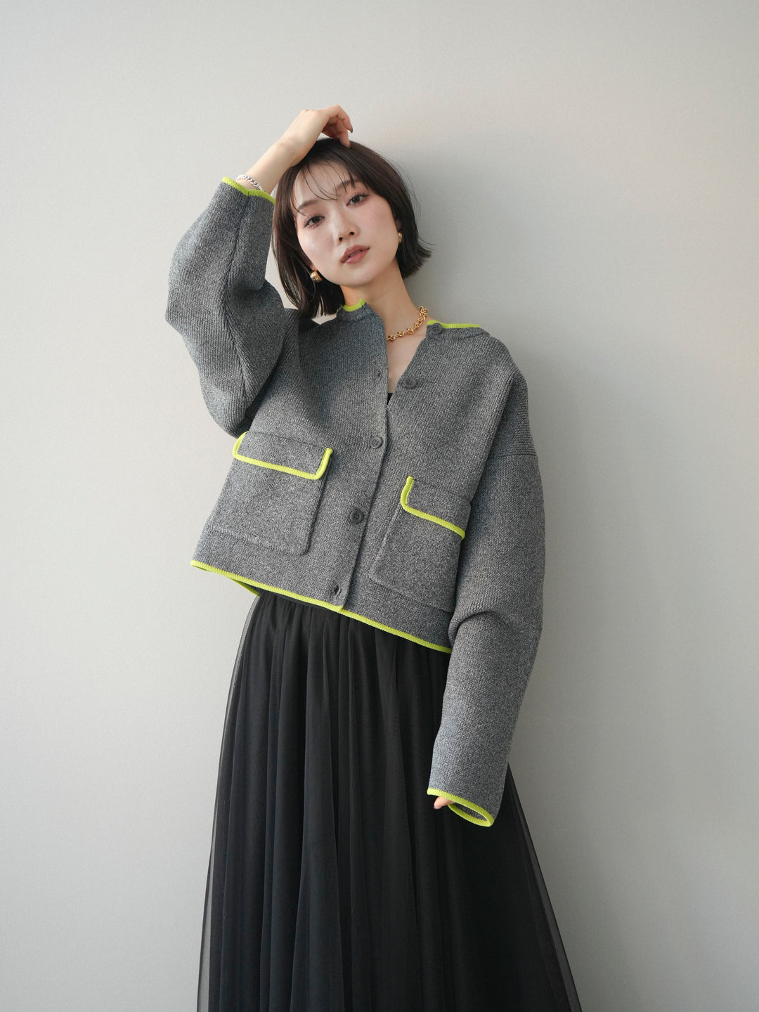 [SET]ポリエステル配色ニットカーディガン+選べるアクセセット(2set)