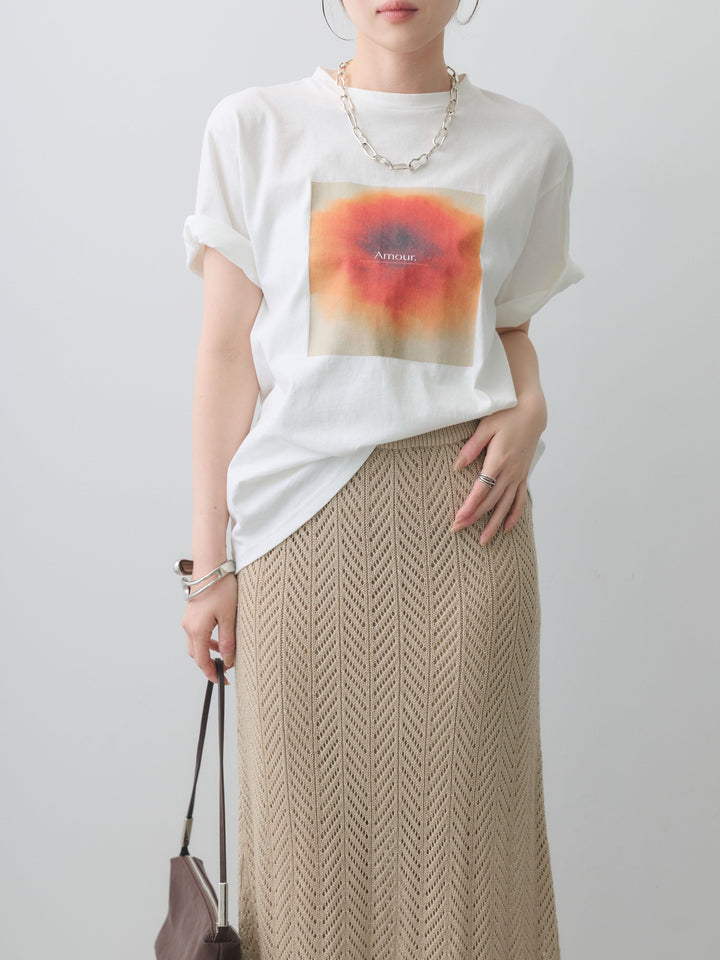 [SET]ニュアンスフローラルフォトTEE+クロシェシアーセミフレアスカート(2set)
