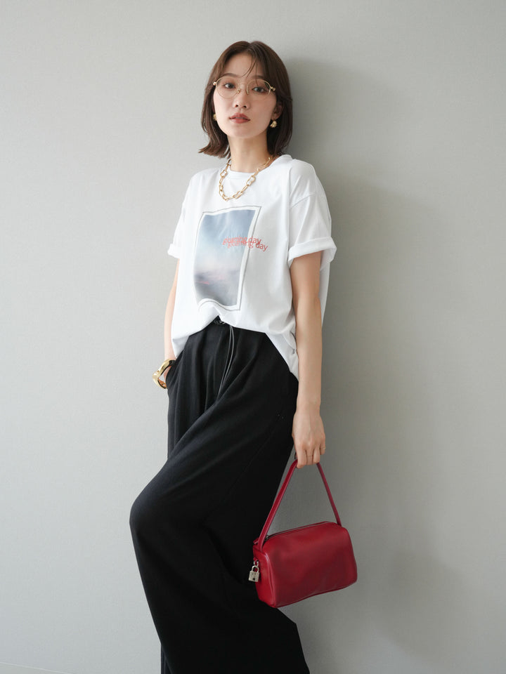 [予約]チュールレイヤードプリントTシャツ/オフ