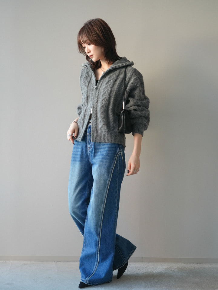 [SET]ケーブル編みハイネックZIPニットカーディガン+サイドフリンジワイドデニムパンツ(2set)