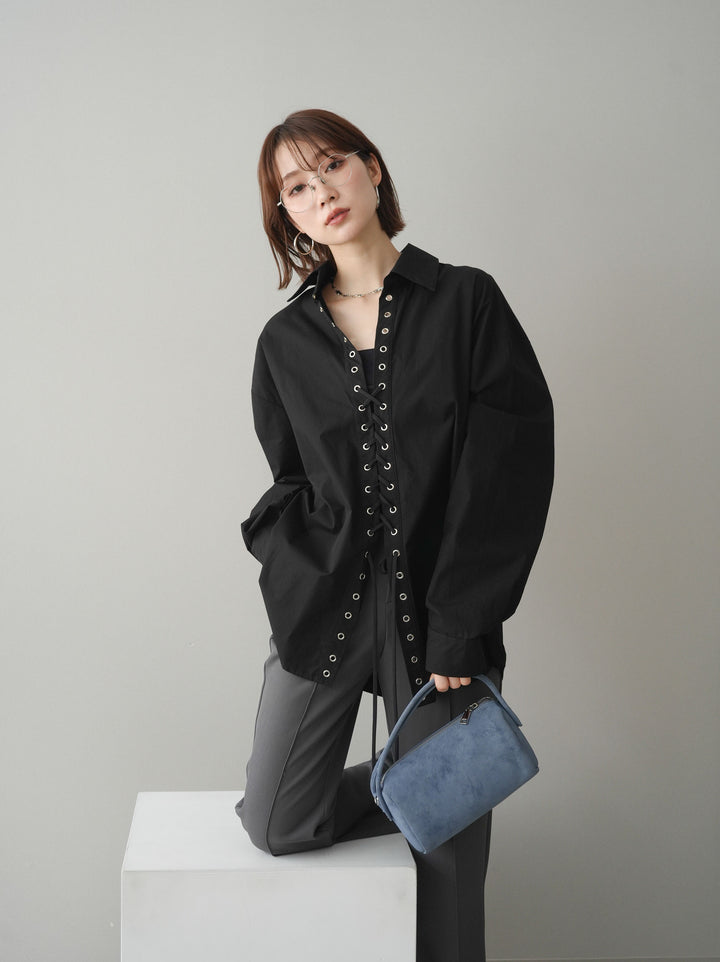 [SET]レースアップブロードシャツ+センターシームフレアパンツ(2set)